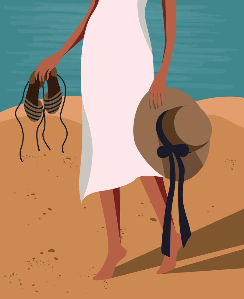 Vector illustration of a girl in the summer on vacation walking along the beach on the sand with slate shoes in her hand and a hat in her hand