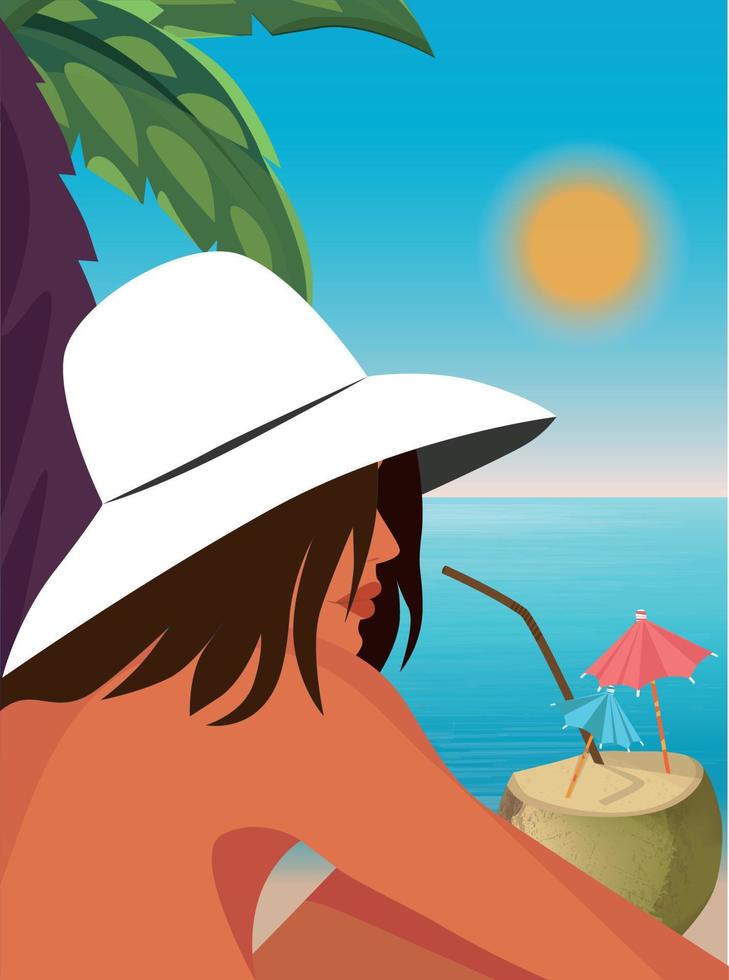 ilustración digital de una chica de vacaciones bronceándose bajo una palmera con un coco vector