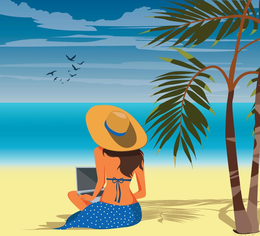 Digital illustration of a girl working on a laptop on vacation on the ocean sea beach vector