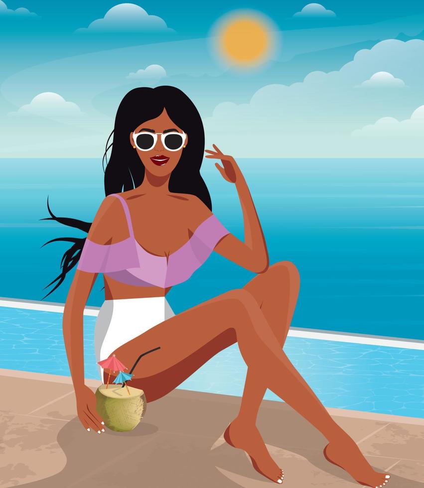 ilustración digital de una hermosa chica con gafas en el verano de vacaciones se sienta a tomar el sol con un cóctel de coco junto a la piscina vector