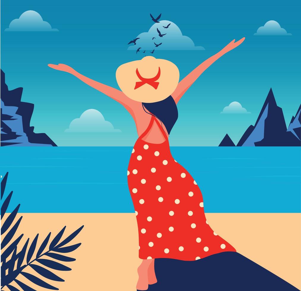 ilustración vectorial de las emociones de felicidad y alegría de una chica en verano de vacaciones caminando por la arena de la playa hasta el océano en bikini y un sombrero para tomar el sol y nadar vector
