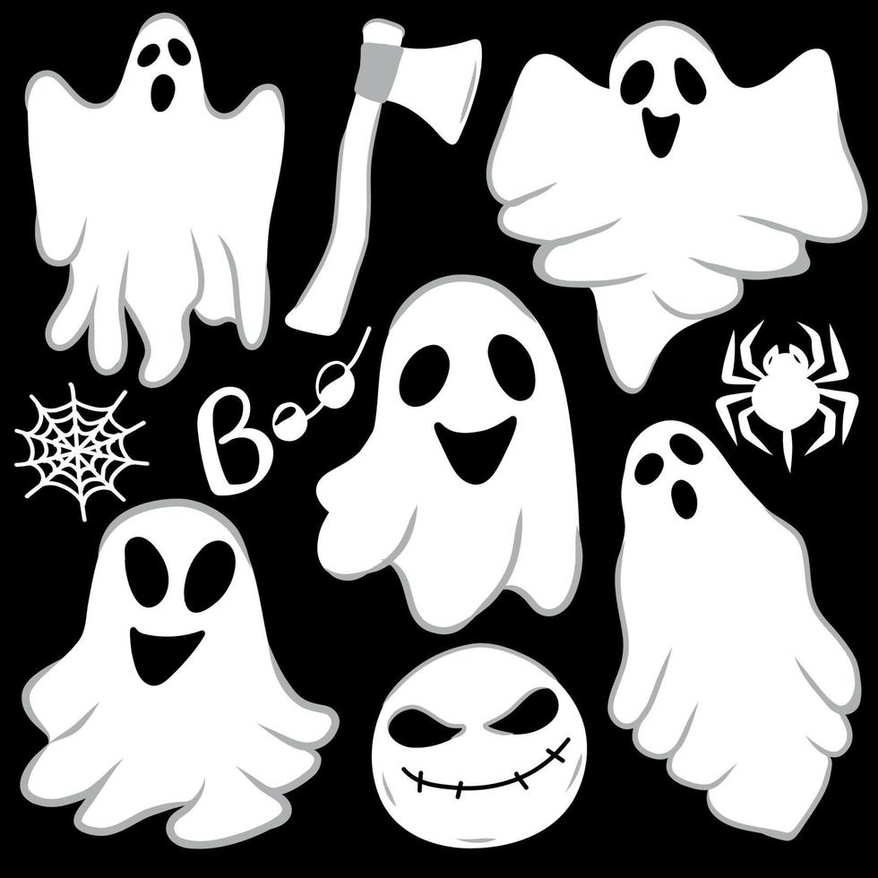 ilustración vectorial conjunto de elementos vectoriales pegatinas pegatinas iconos halloween vacaciones conjunto de fantasmas hoja fantasma hacha blanca vector