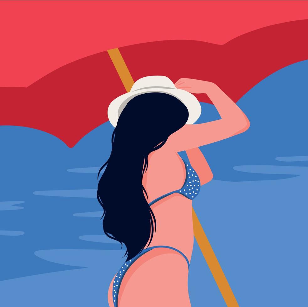 Vector illustration of a girl in a bikini under a sun umbrella resting tan on the beach in the tropics on vacation by the sea ocean