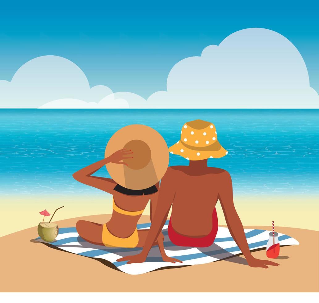 ilustración vectorial fondo de verano con playa de mar, cielo azul y nubes en un día soleado, pareja enamorada hombre y mujer de familia de vacaciones tomando el sol y nadando en el océano vector