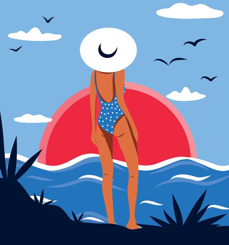 Vector illustration of a girl in full growth in a hat and bikini on vacation stands with her back facing the sun and looks at the sunset dawn
