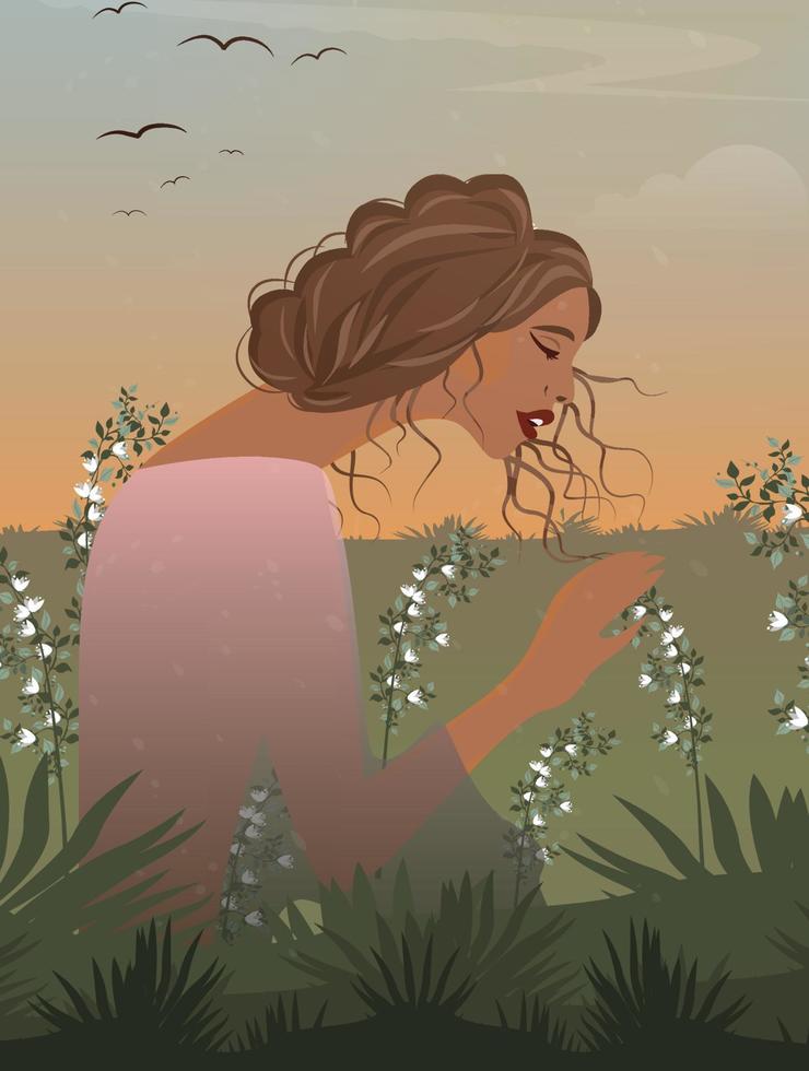 ilustración digital de una hermosa niña en un campo con flores naturaleza primavera otoño verano vector