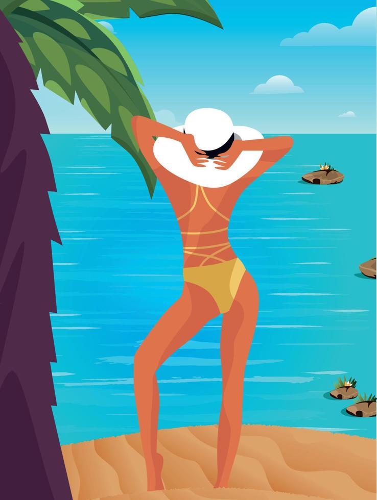 Digital illustration of a beautiful slender girl relaxing in the tropics on the beach on vacation vector