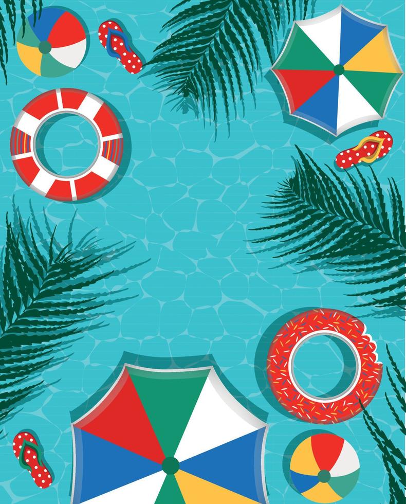 Vector summer illustration salon and ball for swimming on the background of water in the pool frame for text palm leaves on the background of the pool umbrellas and slates holiday tourism