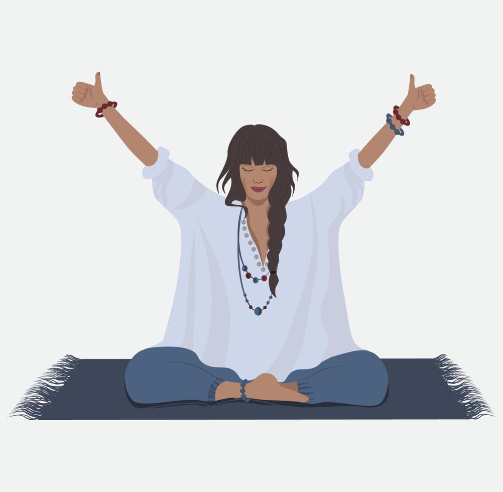 Woman practices yoga in a position of the hands to the side, breathes correctly and meditates vector