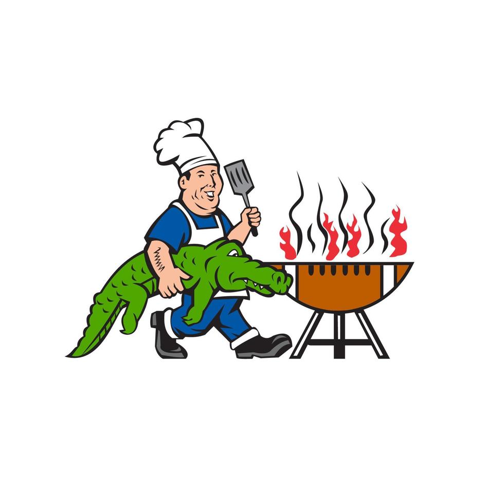 Chef Alligator Spatula BBQ Grill Cartoon vector