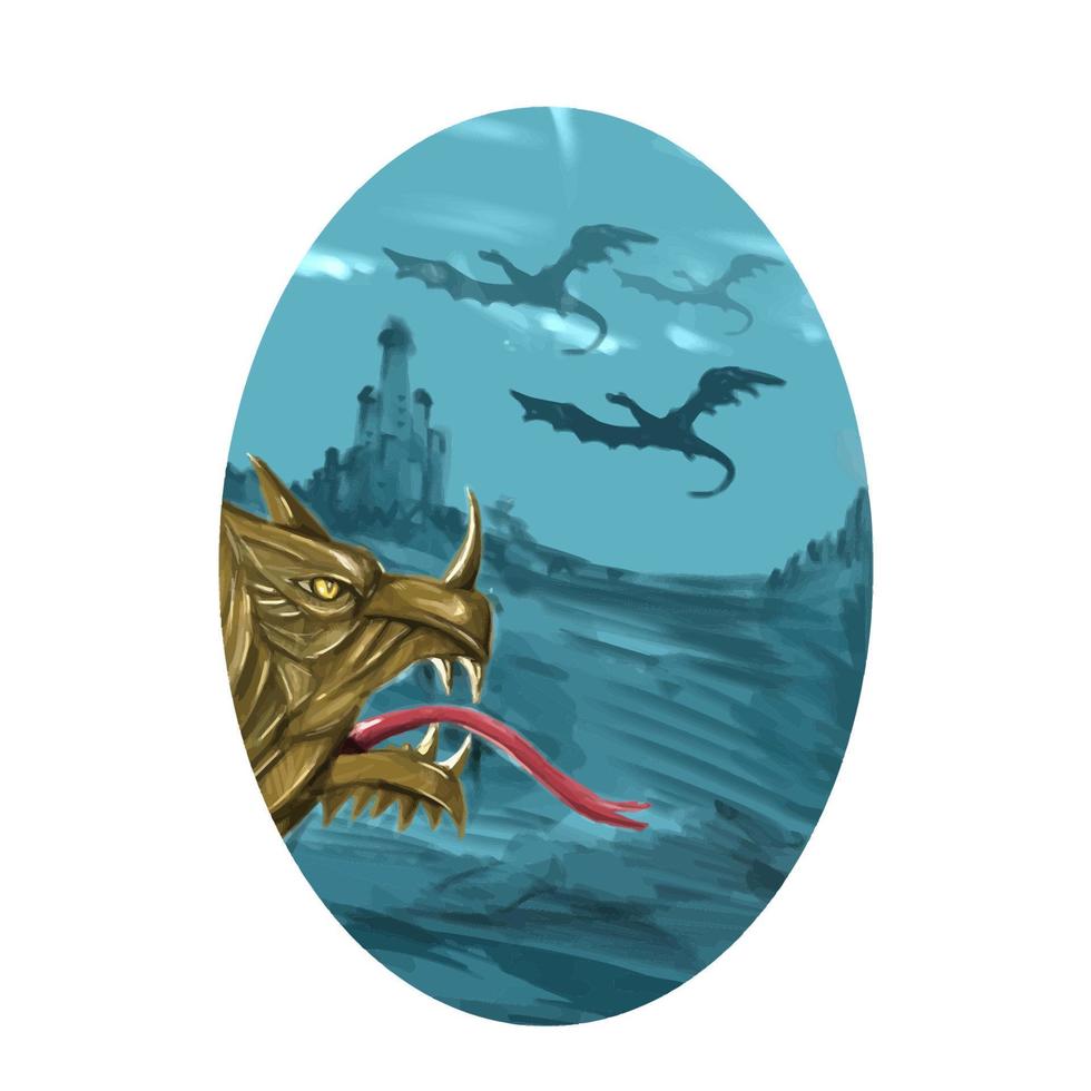 Dragon Head Castle Oval Watercolor vector
