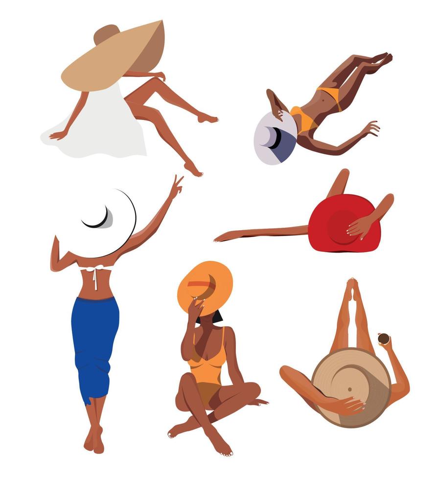 Digital illustration of a girl group in different poses on vacation by the sea vector