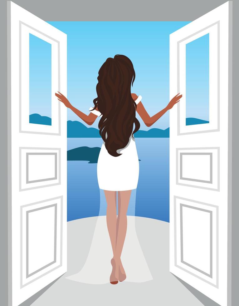 Vector illustration Girl on vacation on the balcony of the villa opens the door looks at the sea