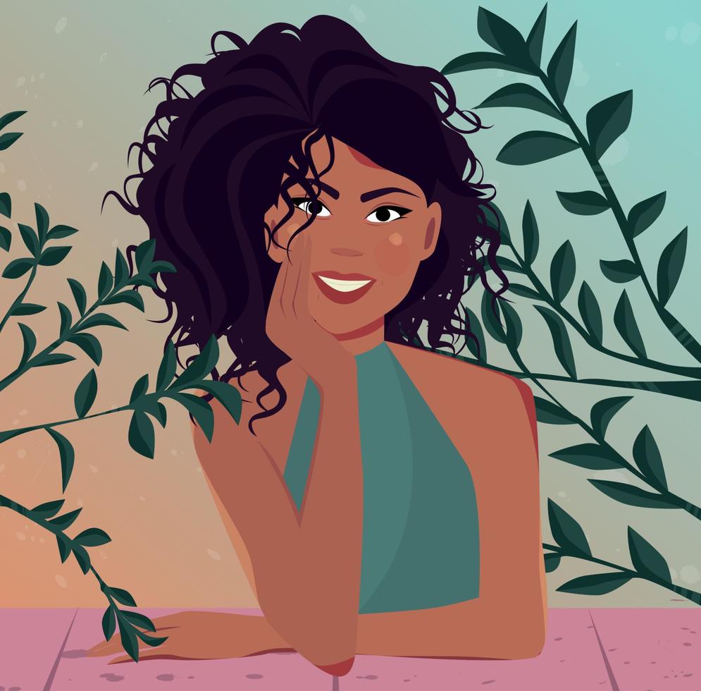 personaje de retrato de ilustración digital hermosa chica rizada disfruta de la vida y admira la naturaleza en primavera y hojas verdes vector