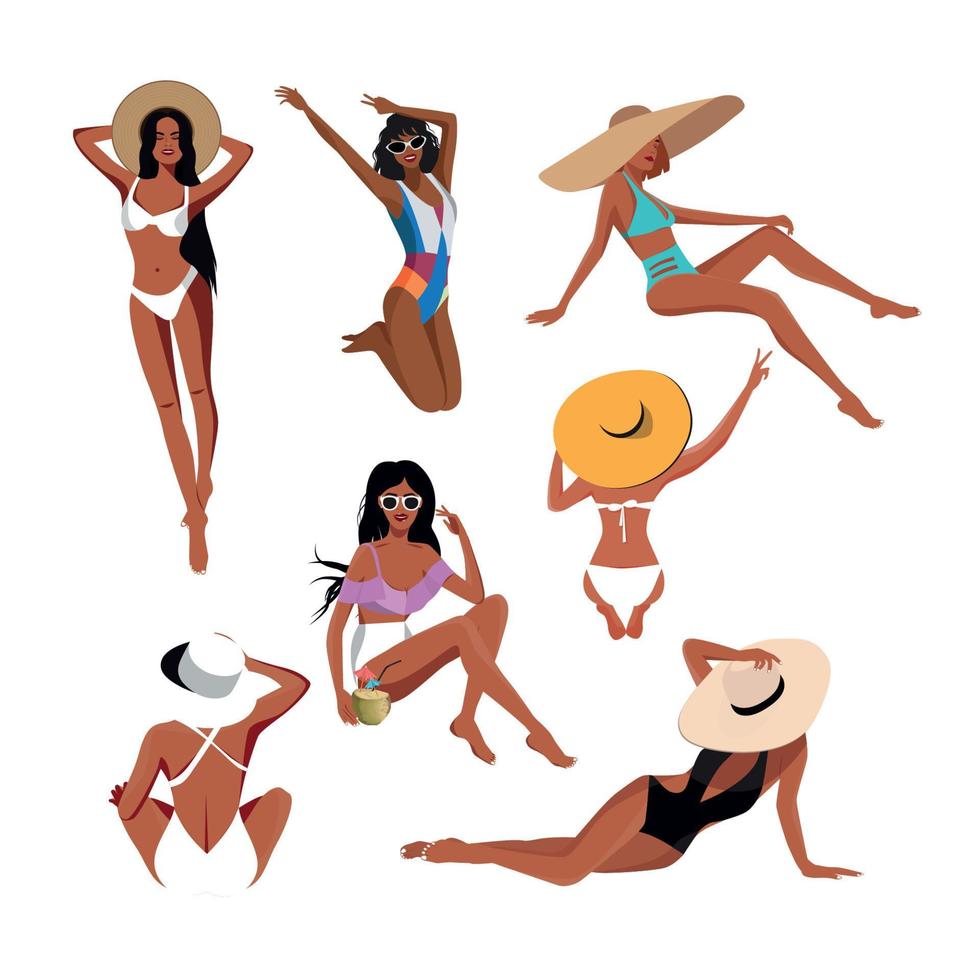 ilustración digital de un conjunto de hermosas chicas en diferentes poses, relajándose en la playa en verano en hermosos trajes de baño vector