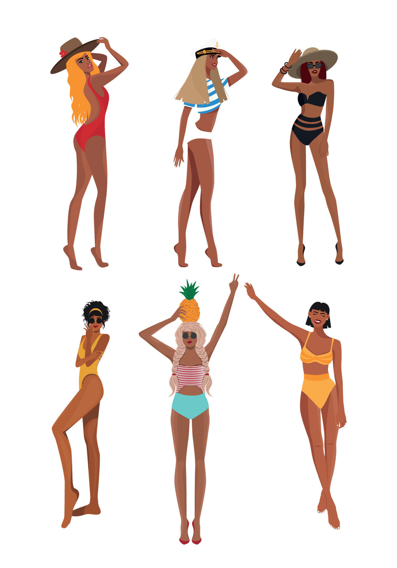de ilustraciones de hermosas chicas delgadas en verano en playa de vacaciones trajes de baño y bikinis 11426622 Vector en Vecteezy