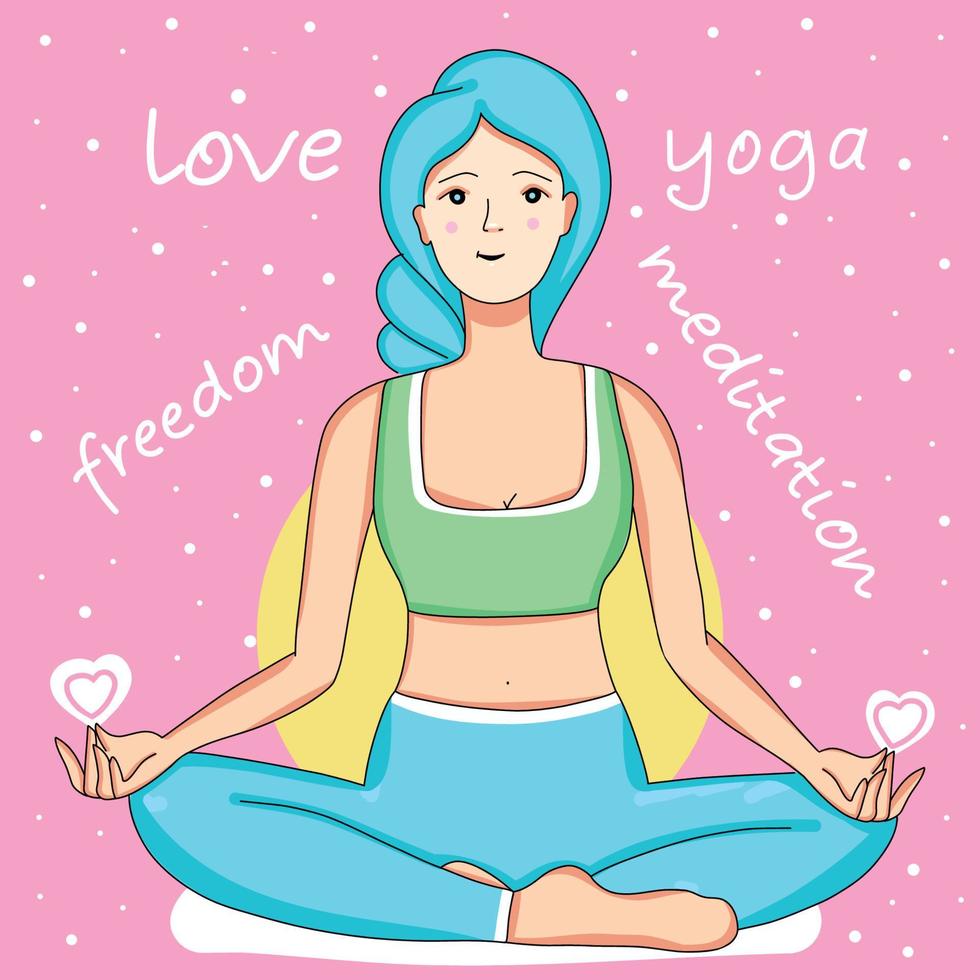 Girl doing yoga and meditating yoga love freedom happiness health vector illustration on pink background