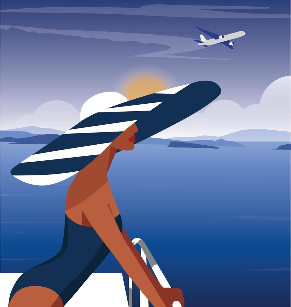 fondo de ilustración digital paisaje azul montañas y avión volador sobre el mar chica modelo con un gran sombrero de moda y traje de baño descansando en verano de vacaciones vector