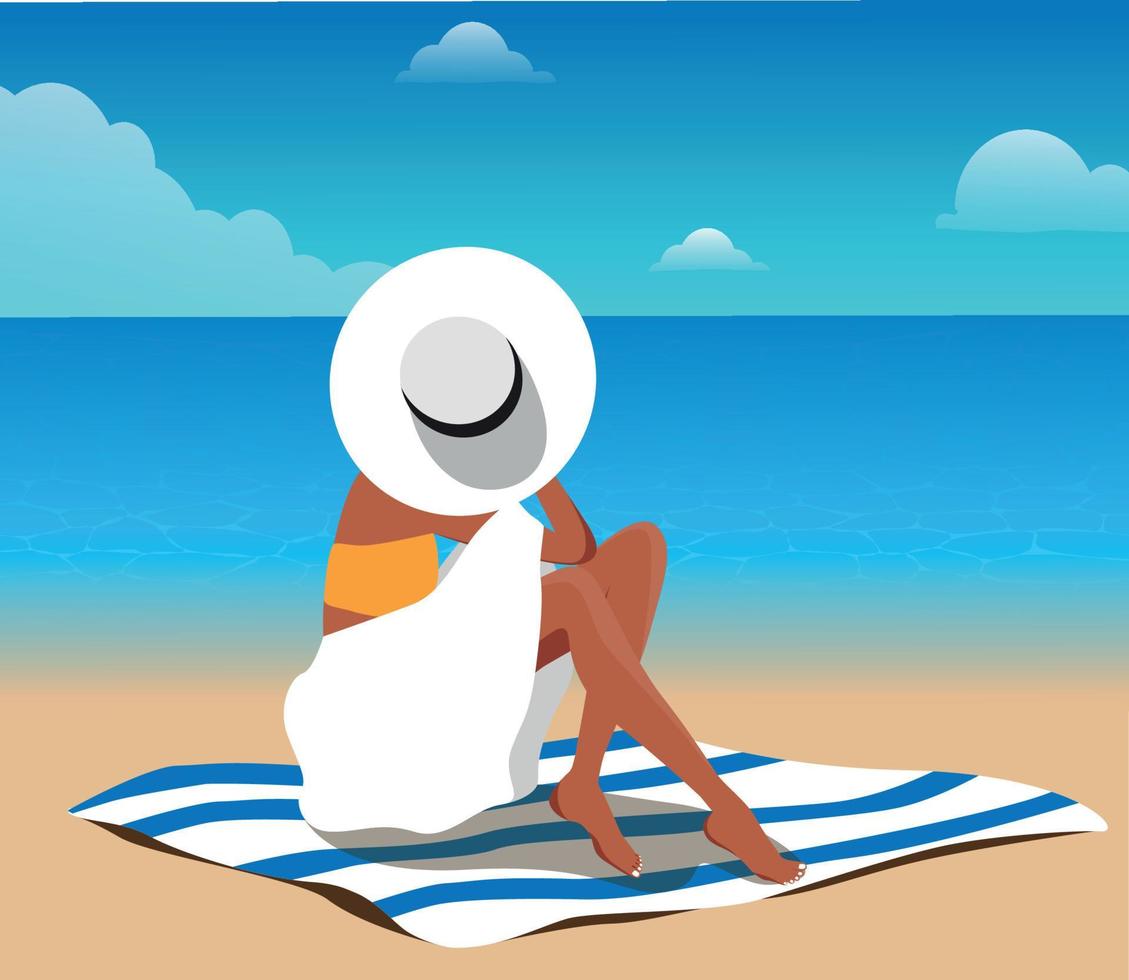 ilustración vectorial de una chica con sombrero y bikini en verano de vacaciones en una posición sentada, posando y tomando el sol en la arena junto al océano vector