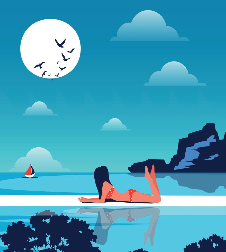 Vector illustration of a girl on vacation lies swimming and relaxing in the pool of her villa and admiring the beautiful sunset