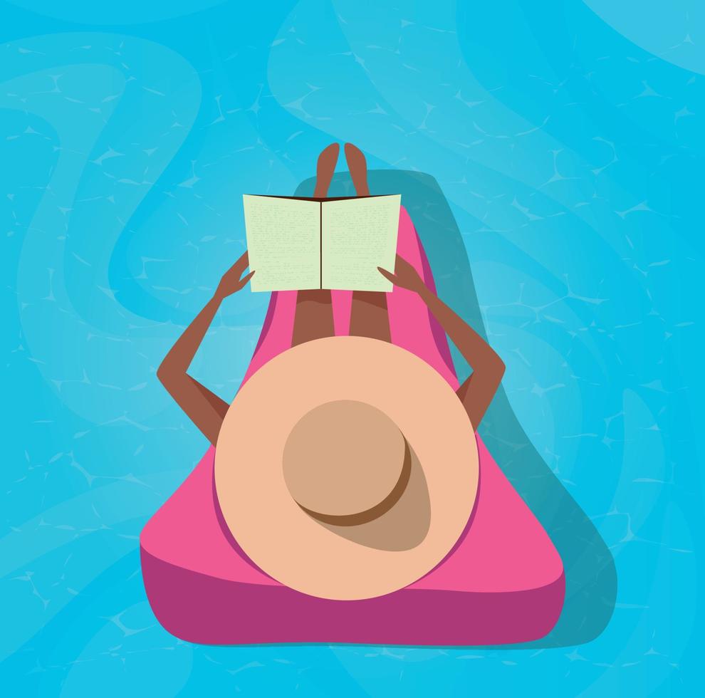 Vector illustration summer tropics girl on vacation in a hat swims in the pool on a pink mattress sunbathes and reads a book