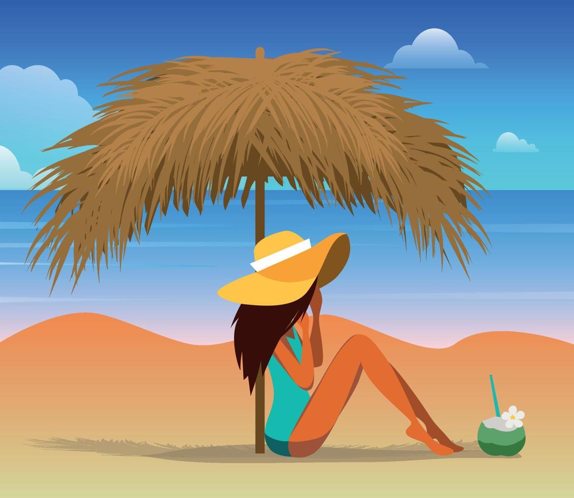 vacaciones de ilustración vectorial en los trópicos de la isla una chica con un traje de baño azul y un sombrero con la cara oculta se sienta en la playa bajo un paraguas hecho de hojas de palma bebe cacao, nada y toma el sol vector