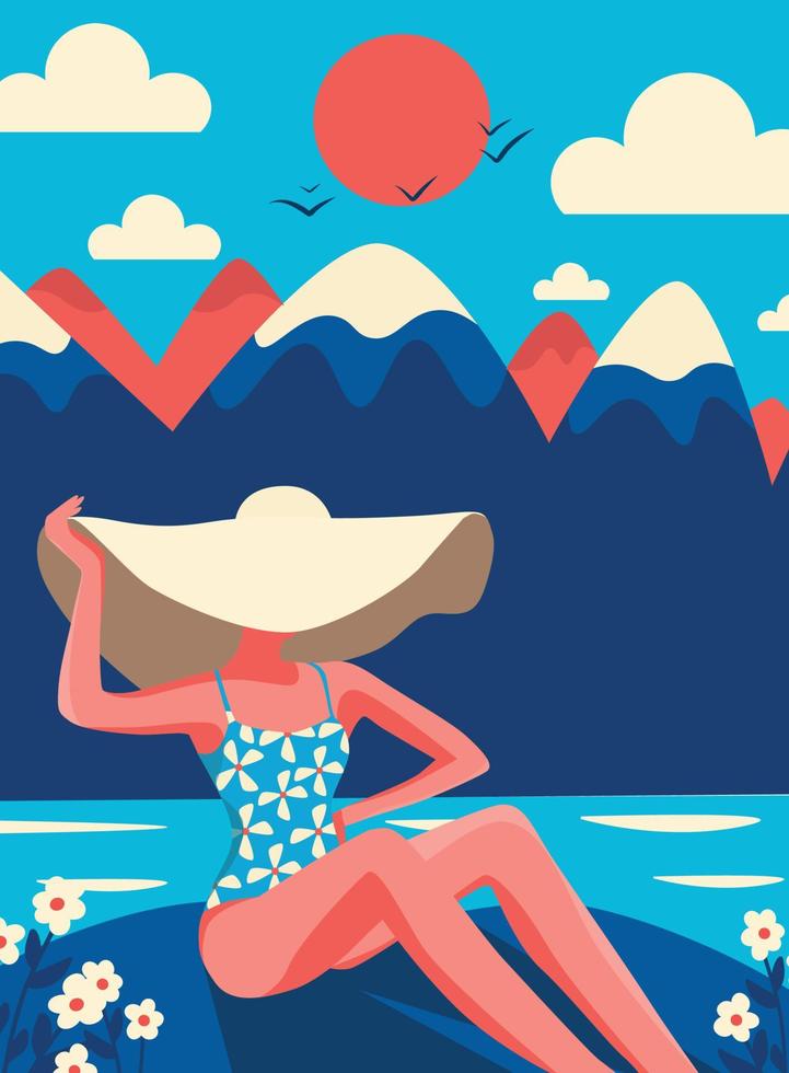 Summer flat illustration of a girl in a hat on vacation on the beach against the backdrop of a mountain landscape Summer vacation or luxury vacation. Flat vector illustration