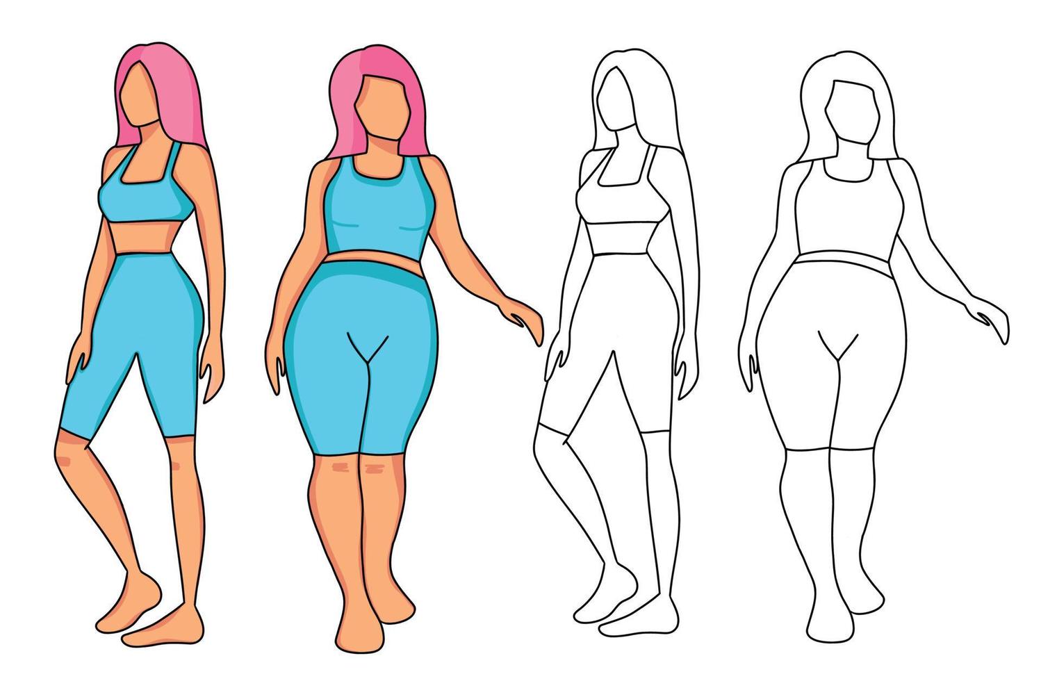 Two girls of different figure slim and body positive two views black outline and color illustration vector