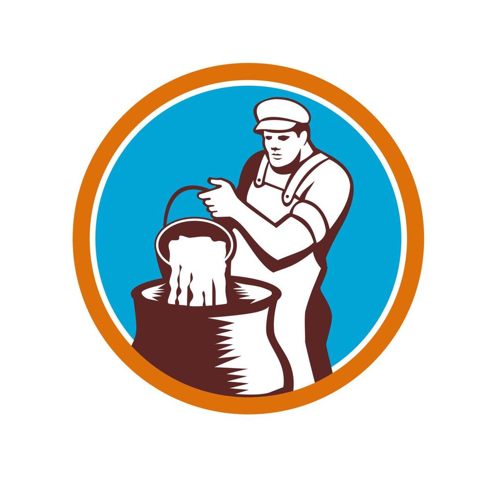 Cheesemaker Pouring Bucket Curd Circle Woodcut vector