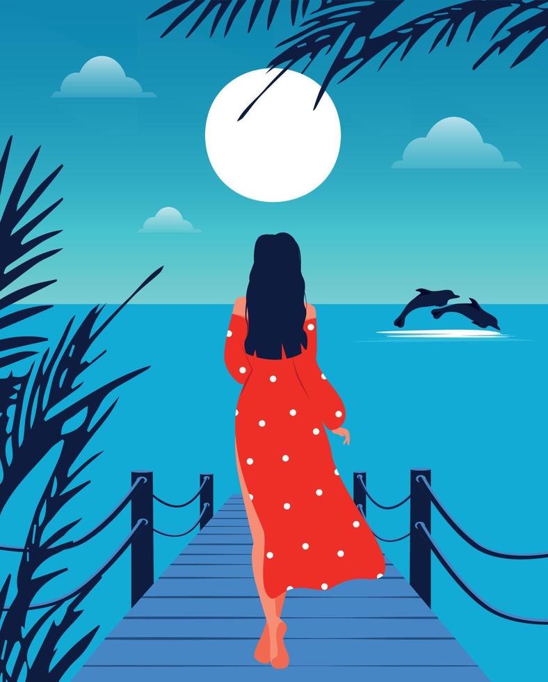 Vector illustration of a girl in the summer on vacation in the tropics walks along the pier bridge and meets the sunrise and sunset against the backdrop of beautiful jumping dolphins in the ocean