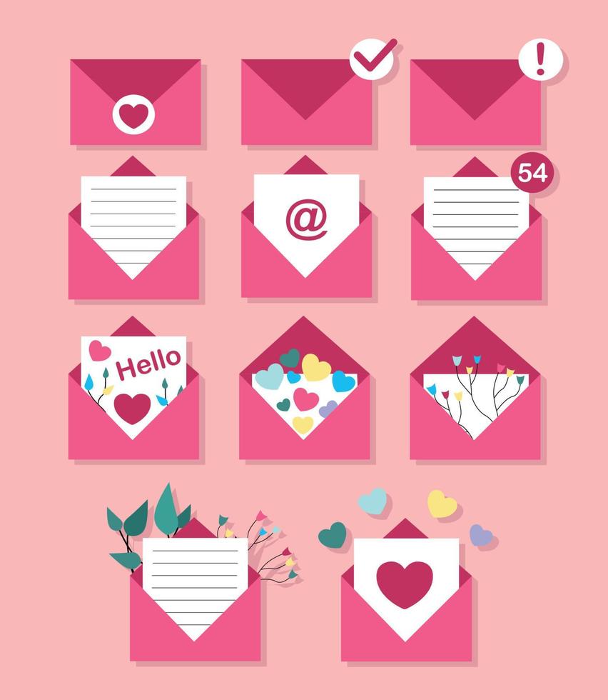 Vector set collection pink envelope E-mail notification with letters, checkmark, unread letter, sheet of paper, love letter congratulations on the holiday flowers hearts on the envelope