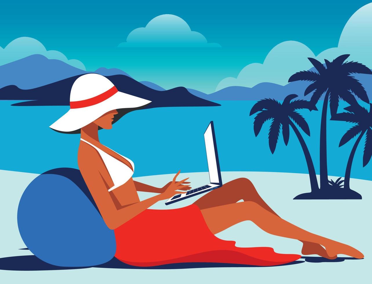 Young business lady working remotely on a laptop on a tropical beach. Freelancer woman working on laptop female character outdoors with pc in resort. Cartoon people vector illustration blue palette