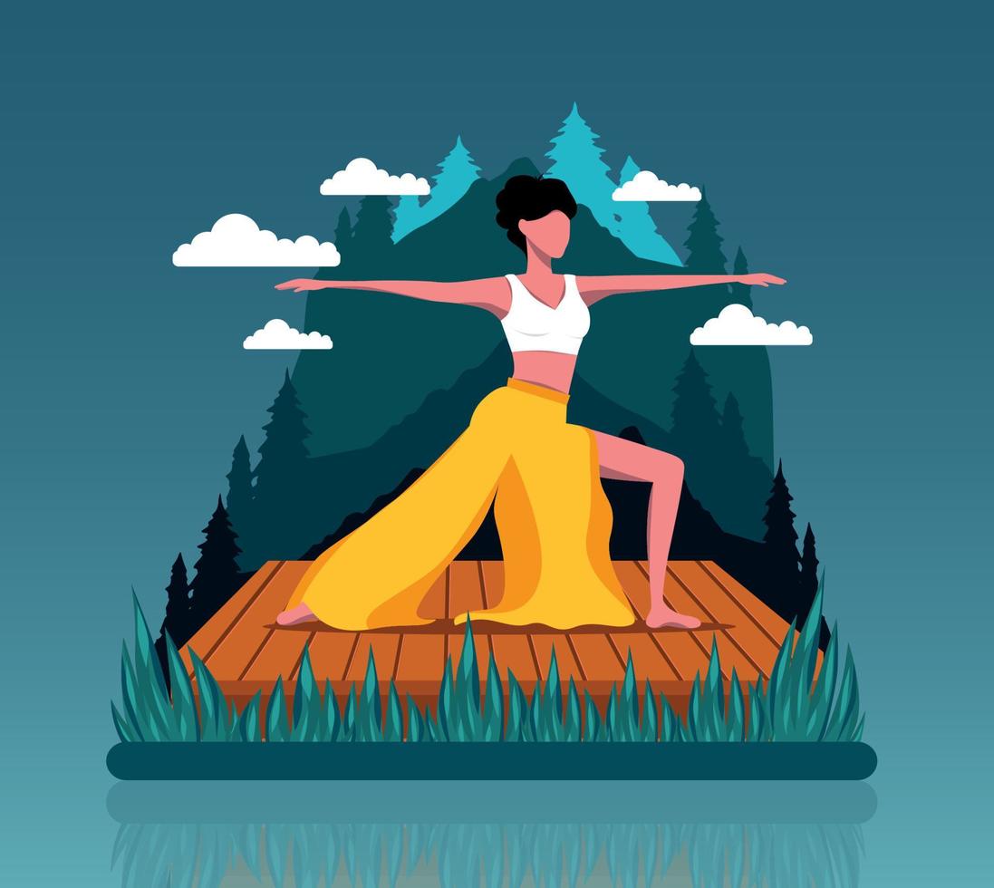 ilustración de concepto brillante vectorial de una niña yogui, se dedica a la meditación y al yoga en las montañas práctica de yoga mujer joven y feliz meditando vector