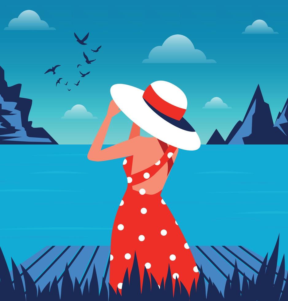 Vector illustration of a beautiful girl on vacation in the summer in a hat and dress resting in the tropics in the summer stands on the pier and looks at the birds