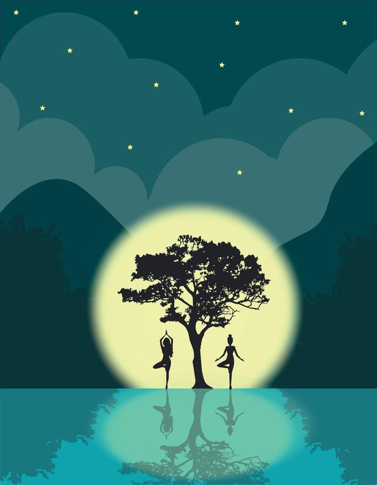 Vector illustration of a bright natural night landscape of a girl doing yoga and meditation on the background of a landscape of mountains and a big bright moon