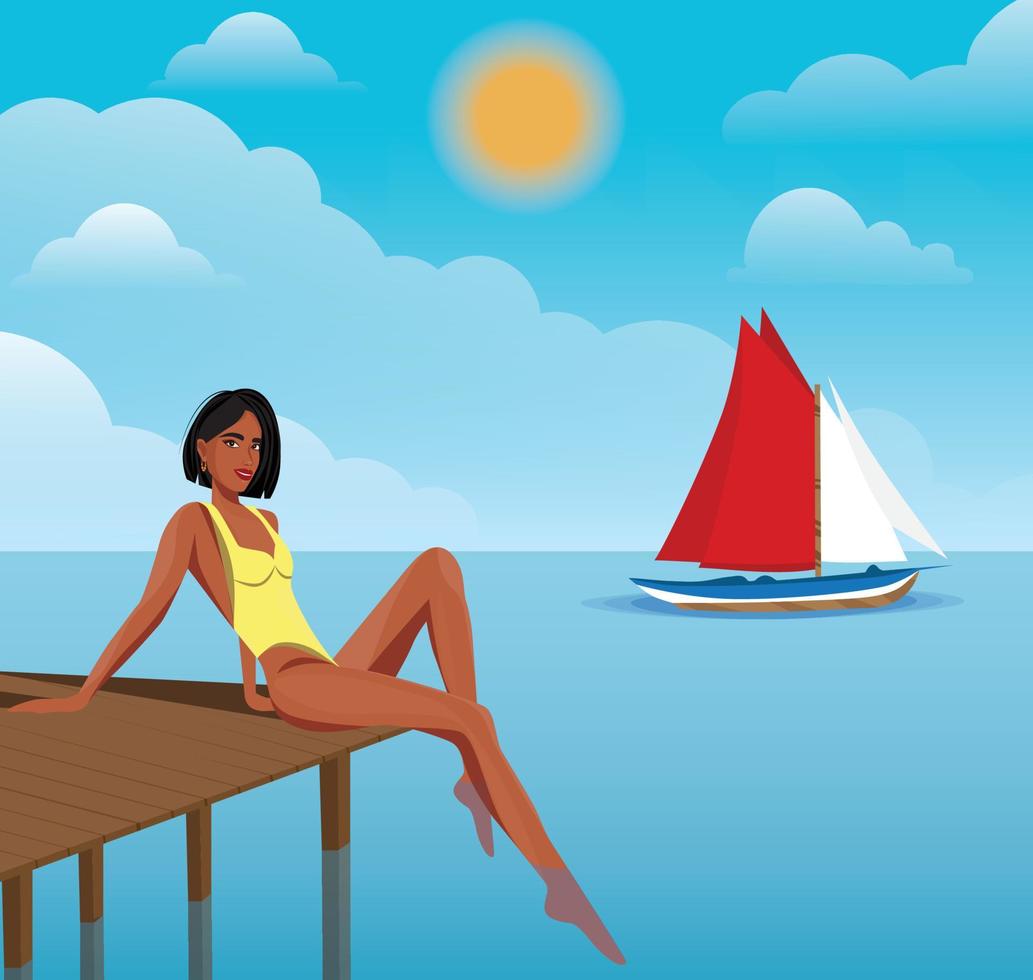 ilustración digital de una chica en verano de vacaciones sentada en un muelle en el océano al fondo de un velero vector