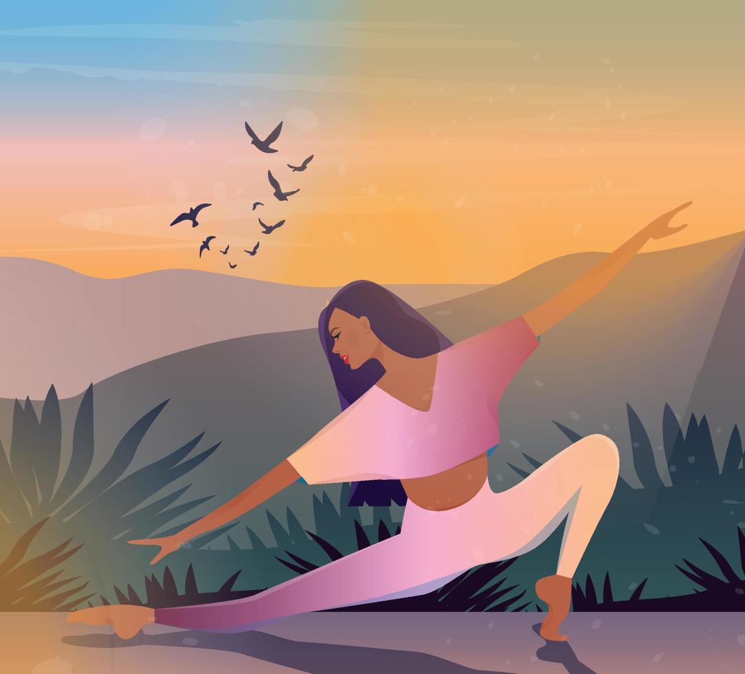 ilustración digital de una chica haciendo yoga al atardecer en colores de hadas brillantes sobre un fondo de montañas y pájaros vector