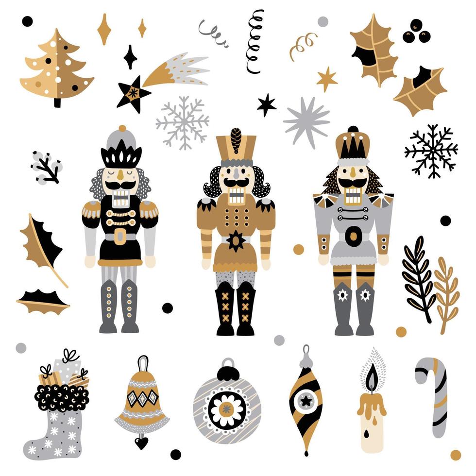 Christmas set with a Nutcracker. New Year's illustration. Gold and silver colors. vector