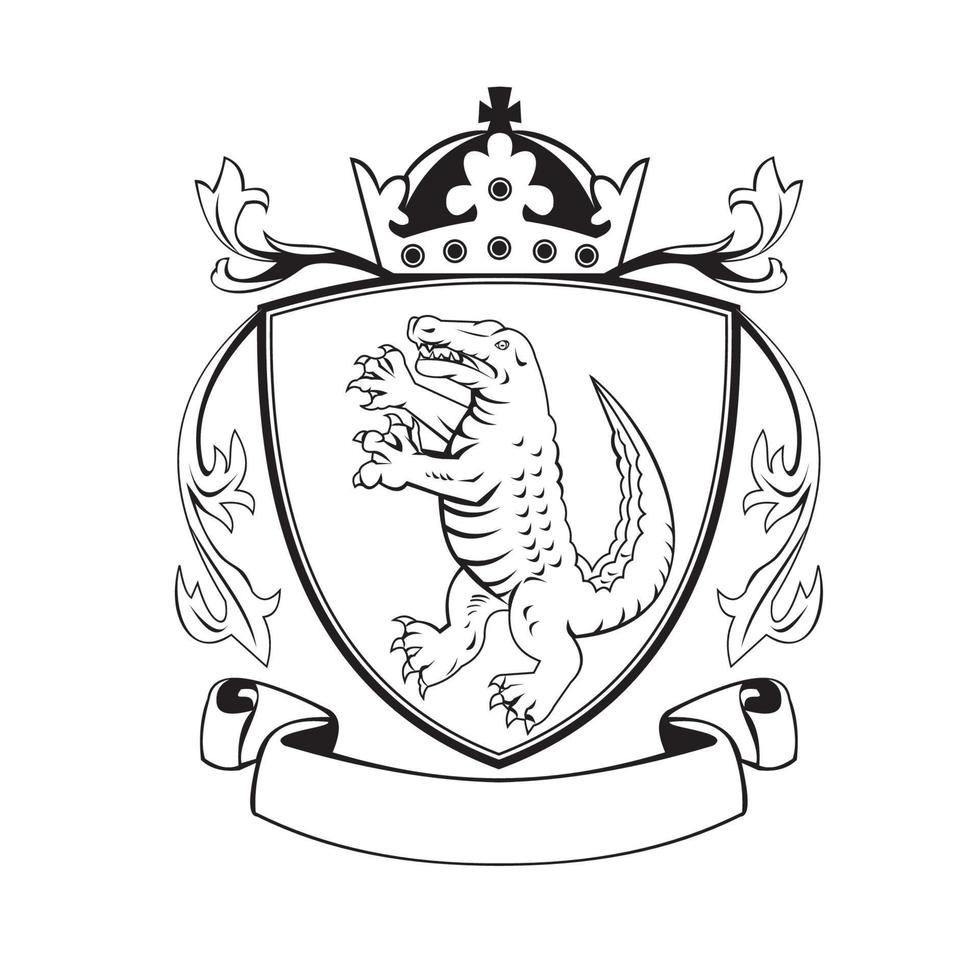 caimán de pie escudo de armas blanco y negro vector