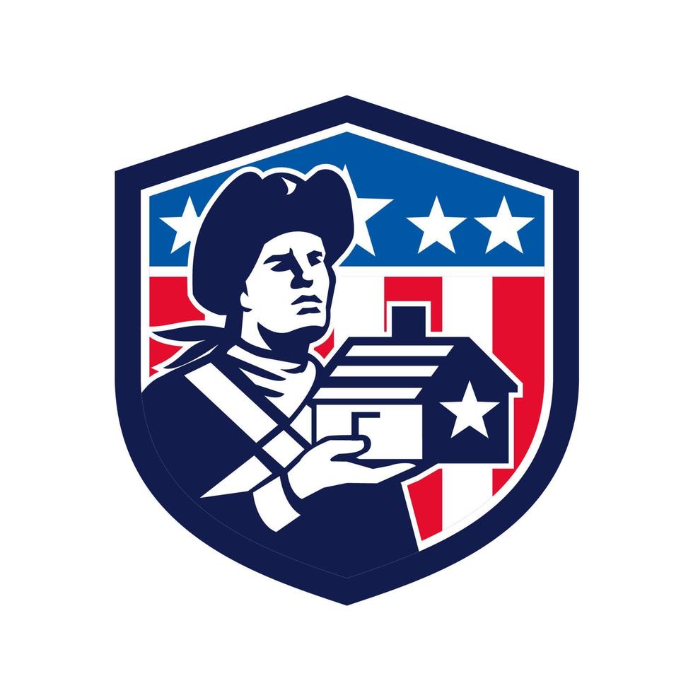 American Patriot Holding House Flag Crest Retro vector