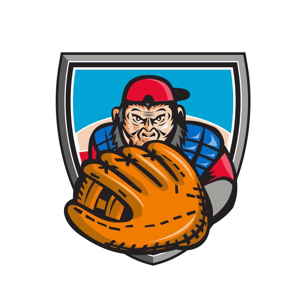 chimpancé béisbol receptor guante escudo retro vector