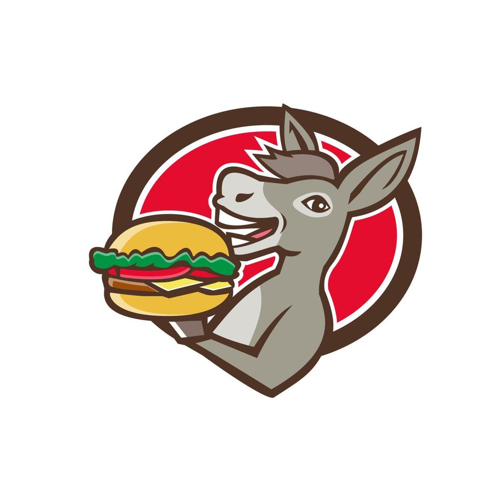 Donkey Mascot Serving Hamburger Oval Retro vector