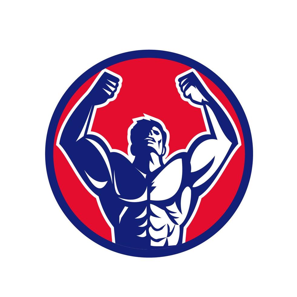 Body Builder Flexing Muscles Circle Retro vector