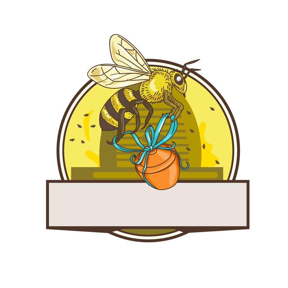 abeja con tarro de miel skep círculo dibujo vector