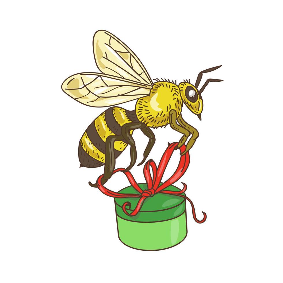 dibujo de caja de regalo con abeja vector