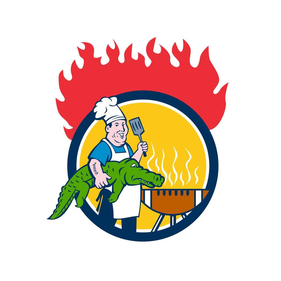 Chef Alligator Spatula BBQ Grill Fire Circle Cartoon vector