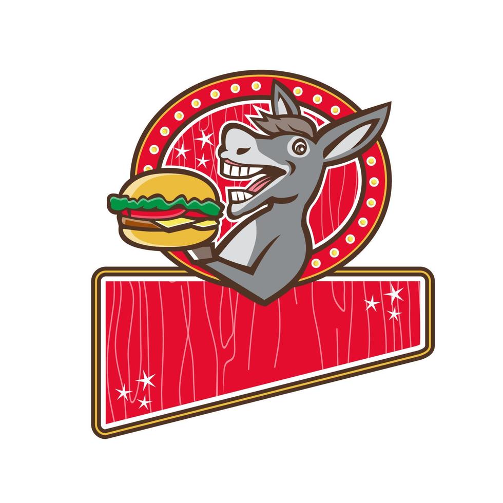 burro mascota servir hamburguesa rectángulo retro vector
