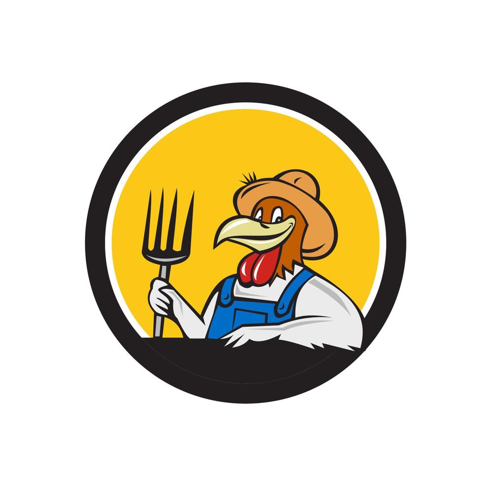 Chicken Farmer Pitchfork Circle Cartoon vector