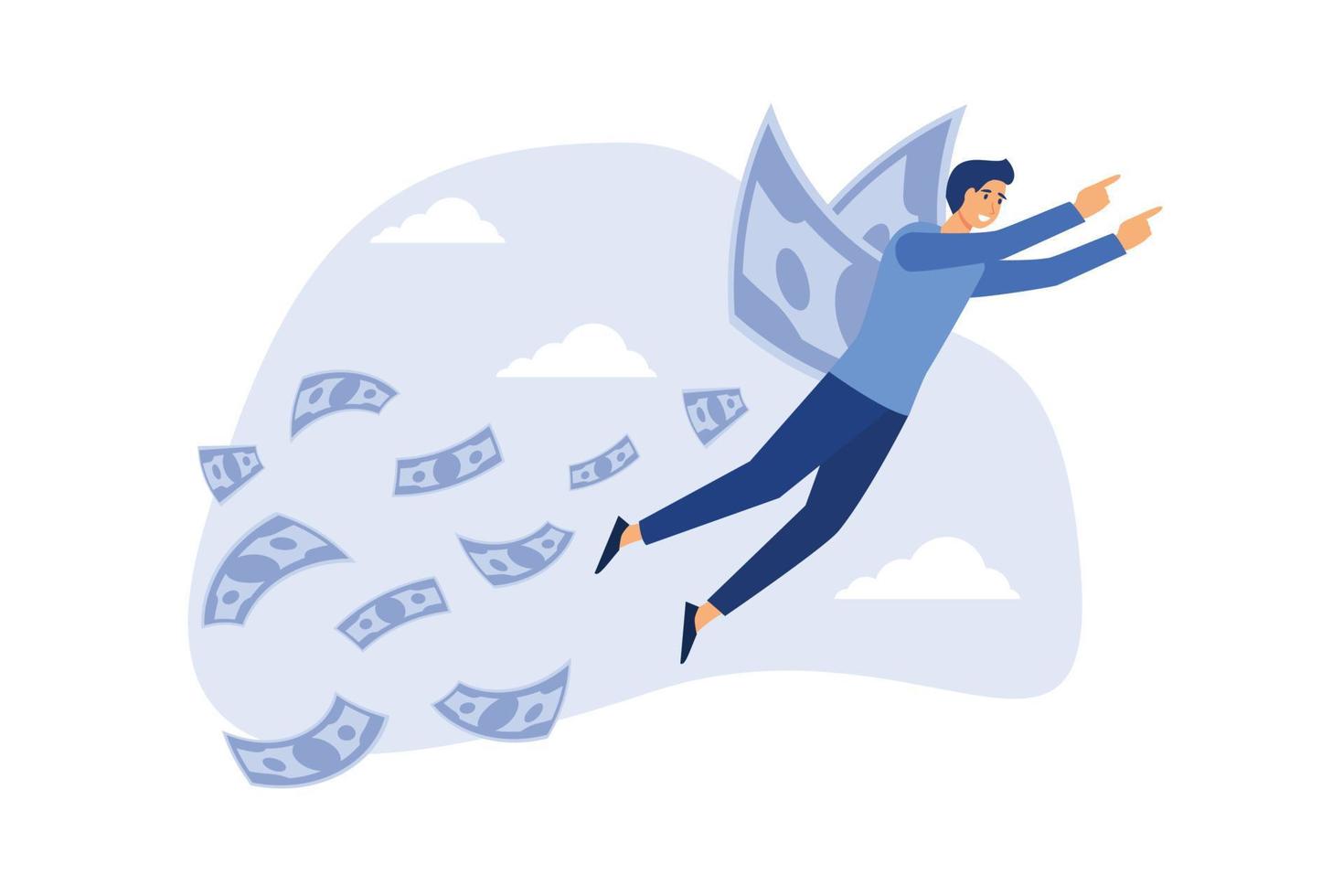 Financial success, make profit from investment opportunity, money management and wealth preservation concept, rich businessman flying with money banknote wings using telescope to see future vision. vector