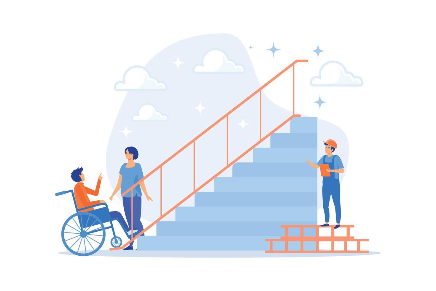 Ramp for people in wheelchairs, disabled care. Accessible environment designing, freedom of movement, disability friendly area concept.  flat vector modern illustration
